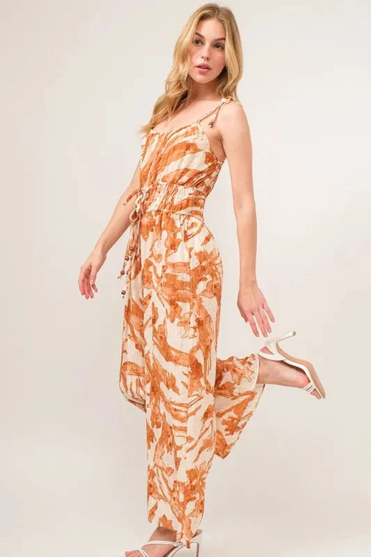 And The Why Waist Strings Abstract Print Wide Leg Jumpsuit