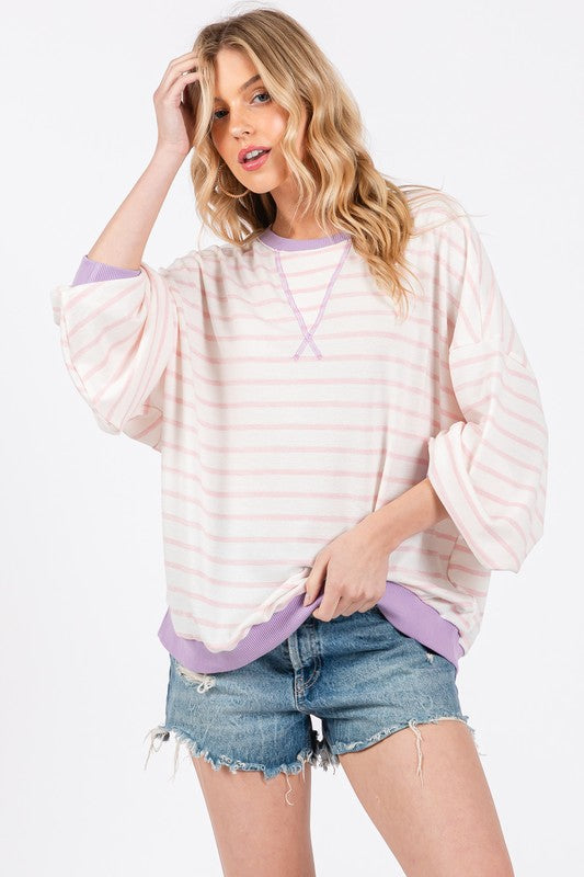 Ces Femme Striped Round Neck Drop Shoulder Sweatshirt - Laazaar
