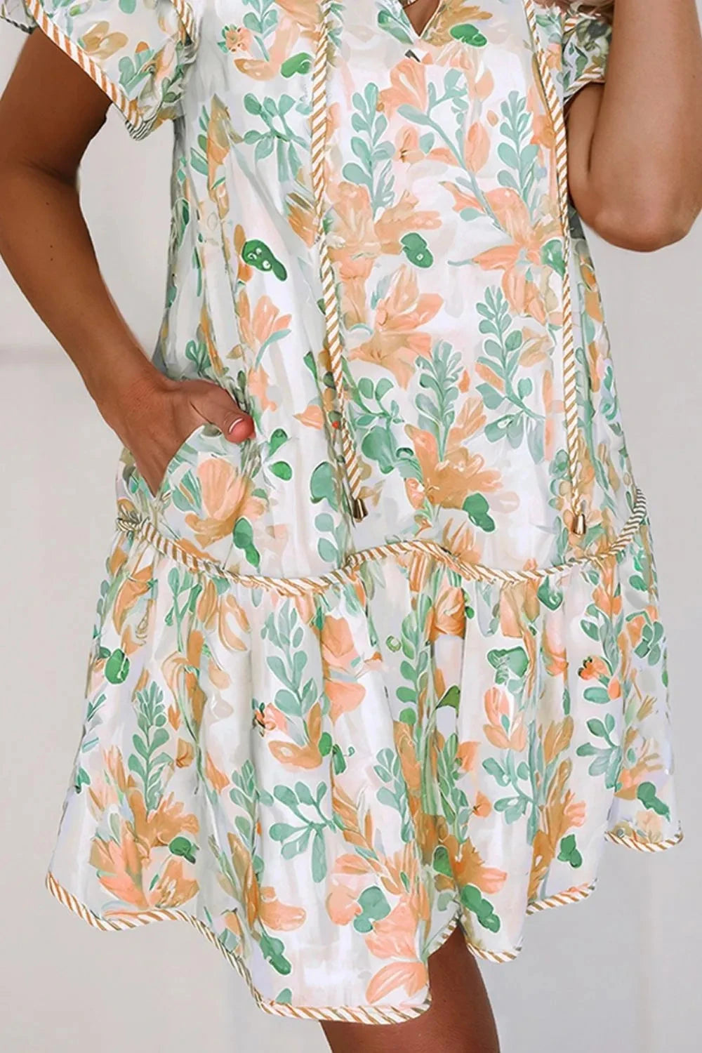 Floral Tie Neck Layered Short Sleeve Dress