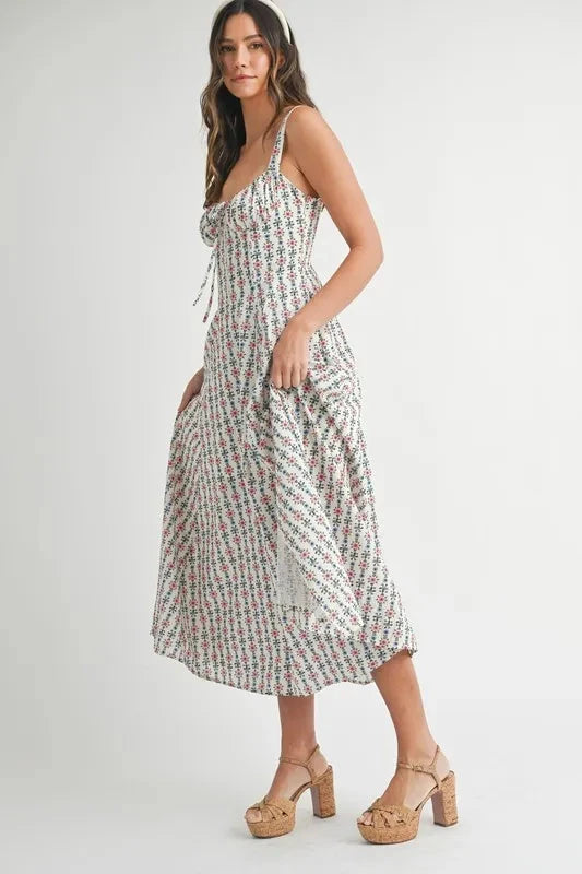 MABLE Floral Print Bustier Back Lace Up Midi Dress