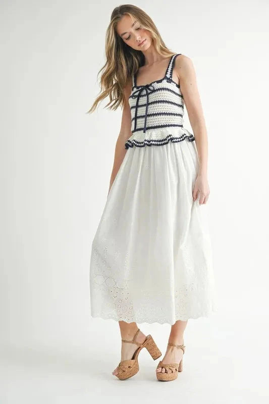 MABLE Crochet Stripe Knit Eyelet Mix Midi Dress