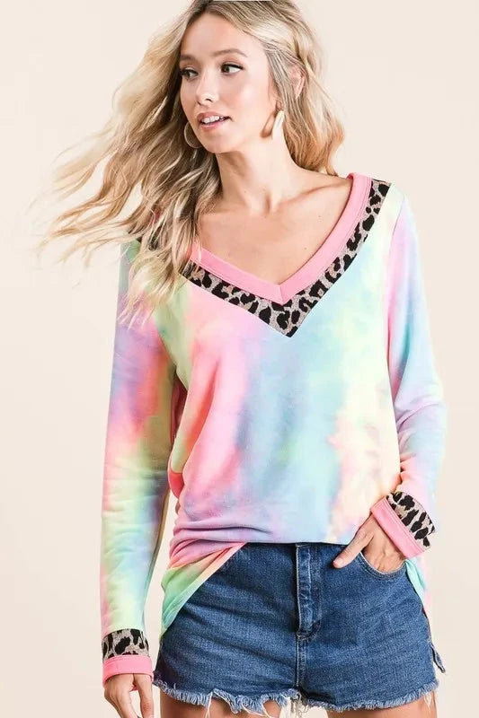 BiBi Tie Dye Terry V-Neck Top