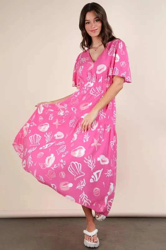 VERY J Printed V-Neck Resort Midi Dress