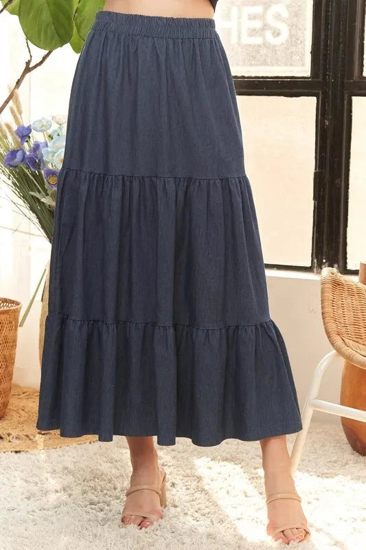 ADORA Waist Band Tiered Denim Maxi Skirt