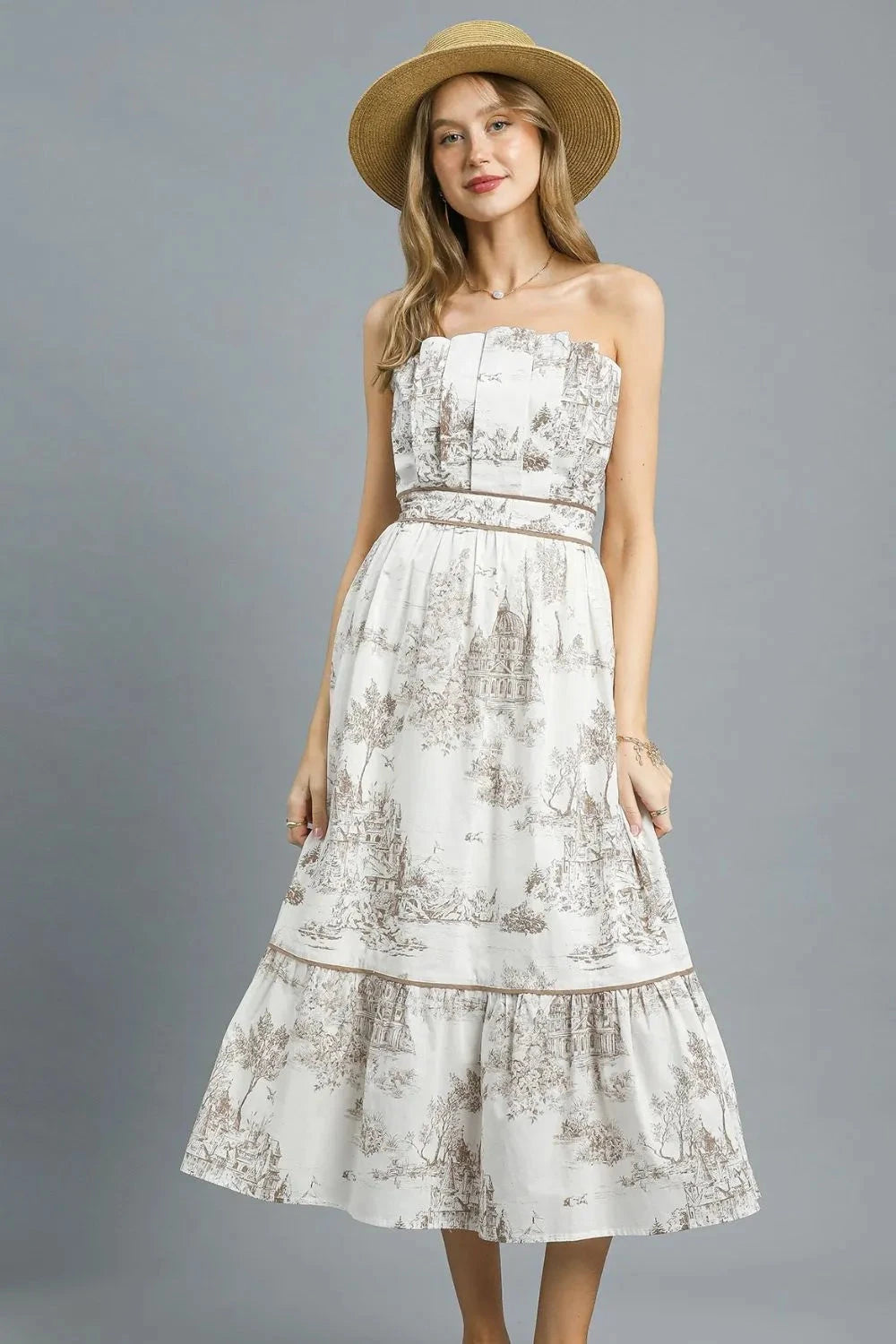 Umgee Printed Tiered Tube Midi Dress