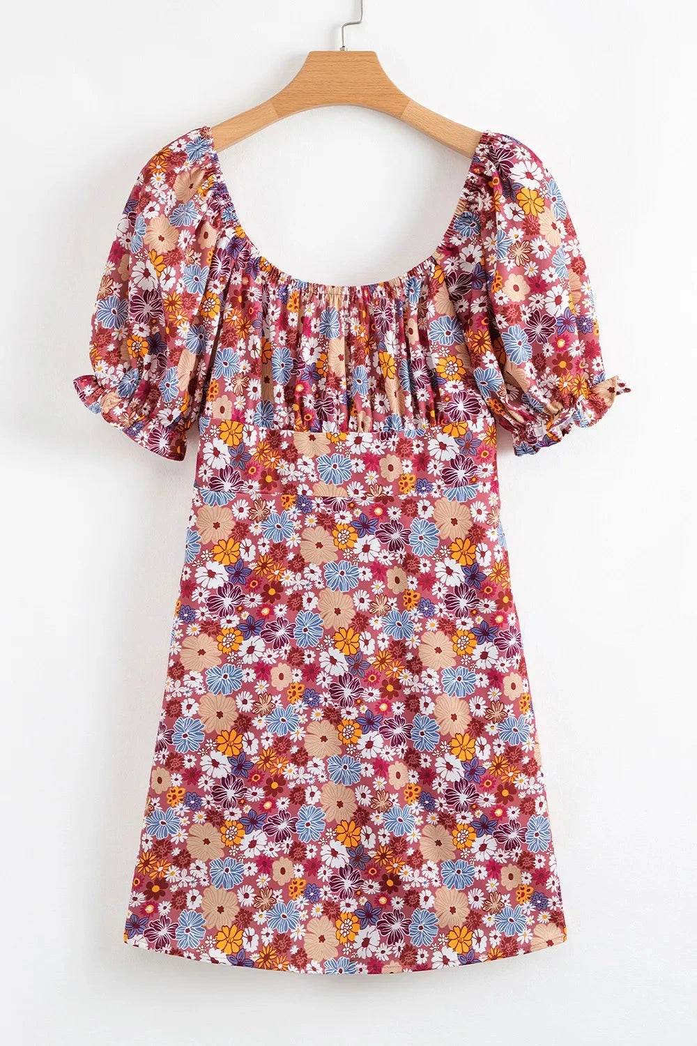 Floral Puff Sleeve Square Neck Knot Open Back Mini Dress