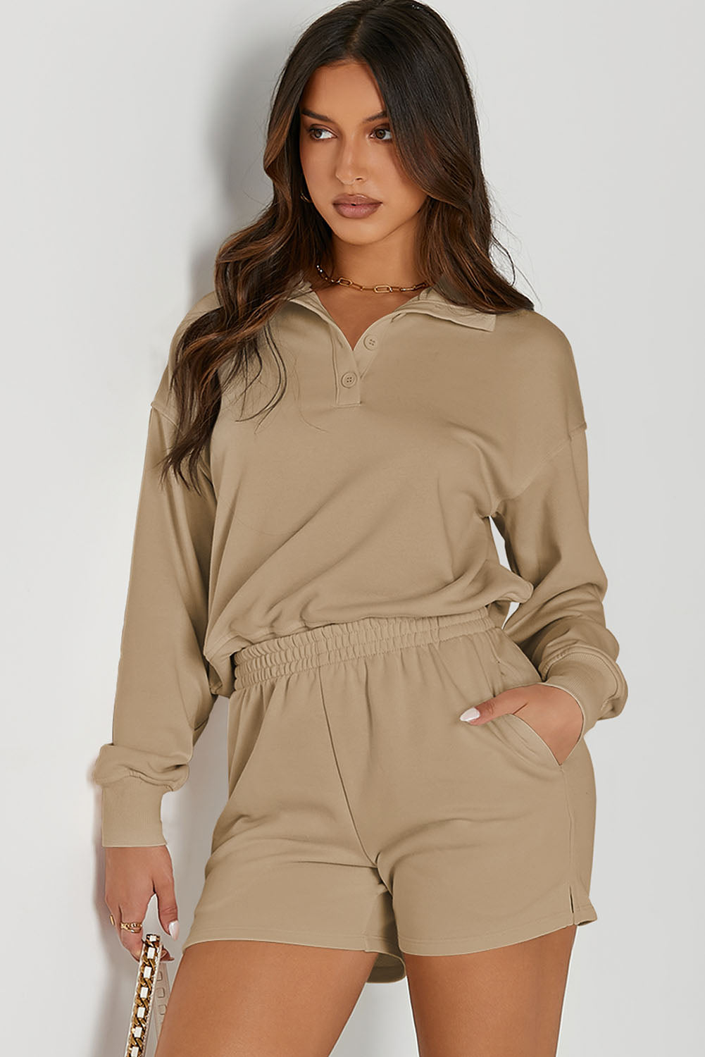 Half Button Sweatshirt and Shorts Active Set - Laazaar