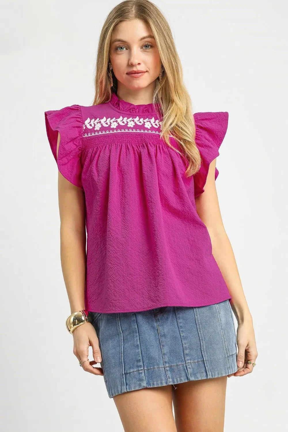 Umgee Textured Ruffled Cap Sleeve Blouse