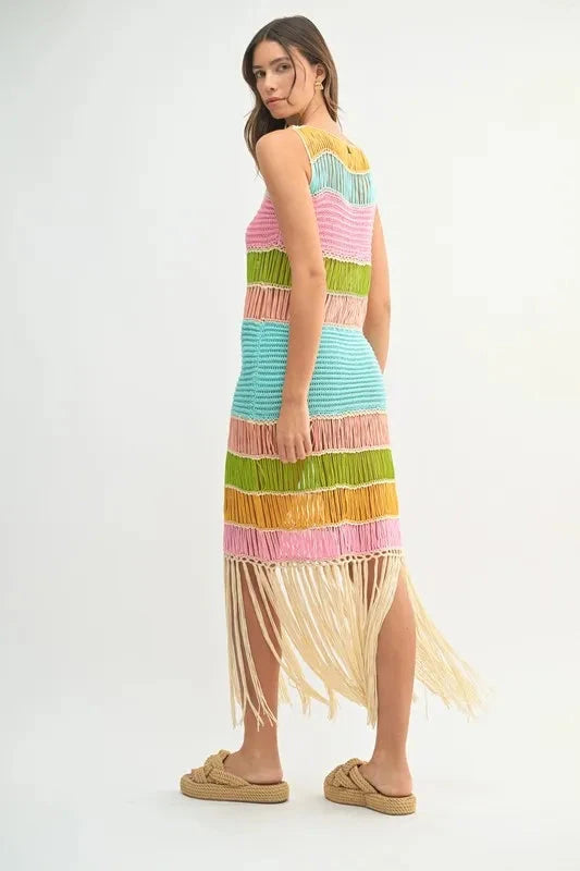 MABLE Multi Color Fringed Crochet Knit Dress