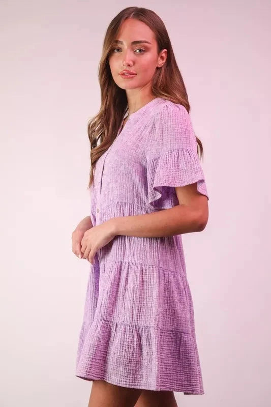 VERY J Mineral Washed Baby Bell Sleeve Woven Mini Dress