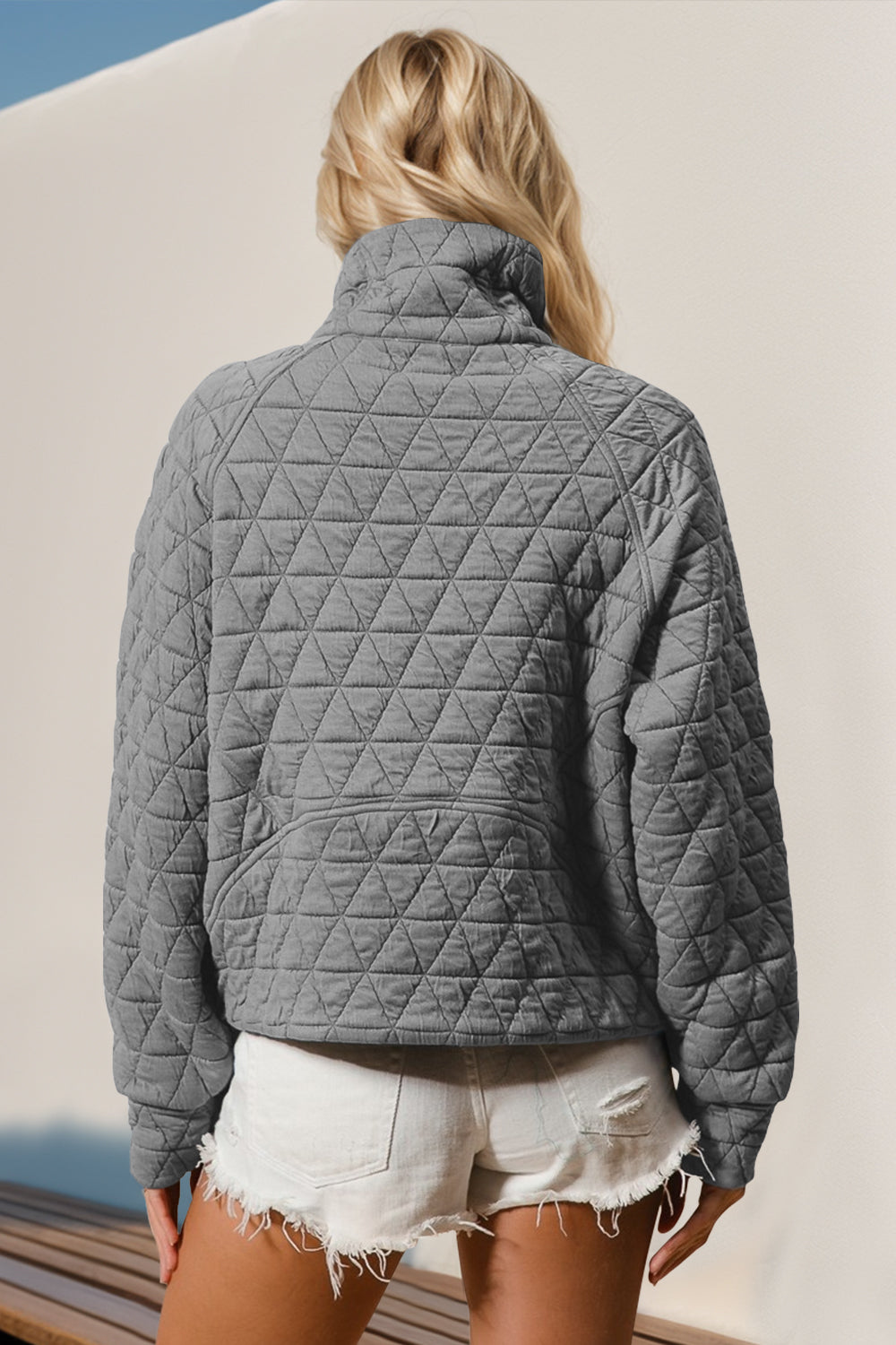Double Take Half Zip Long Sleeve Quilted Sweatshirt with Pocket - Laazaar