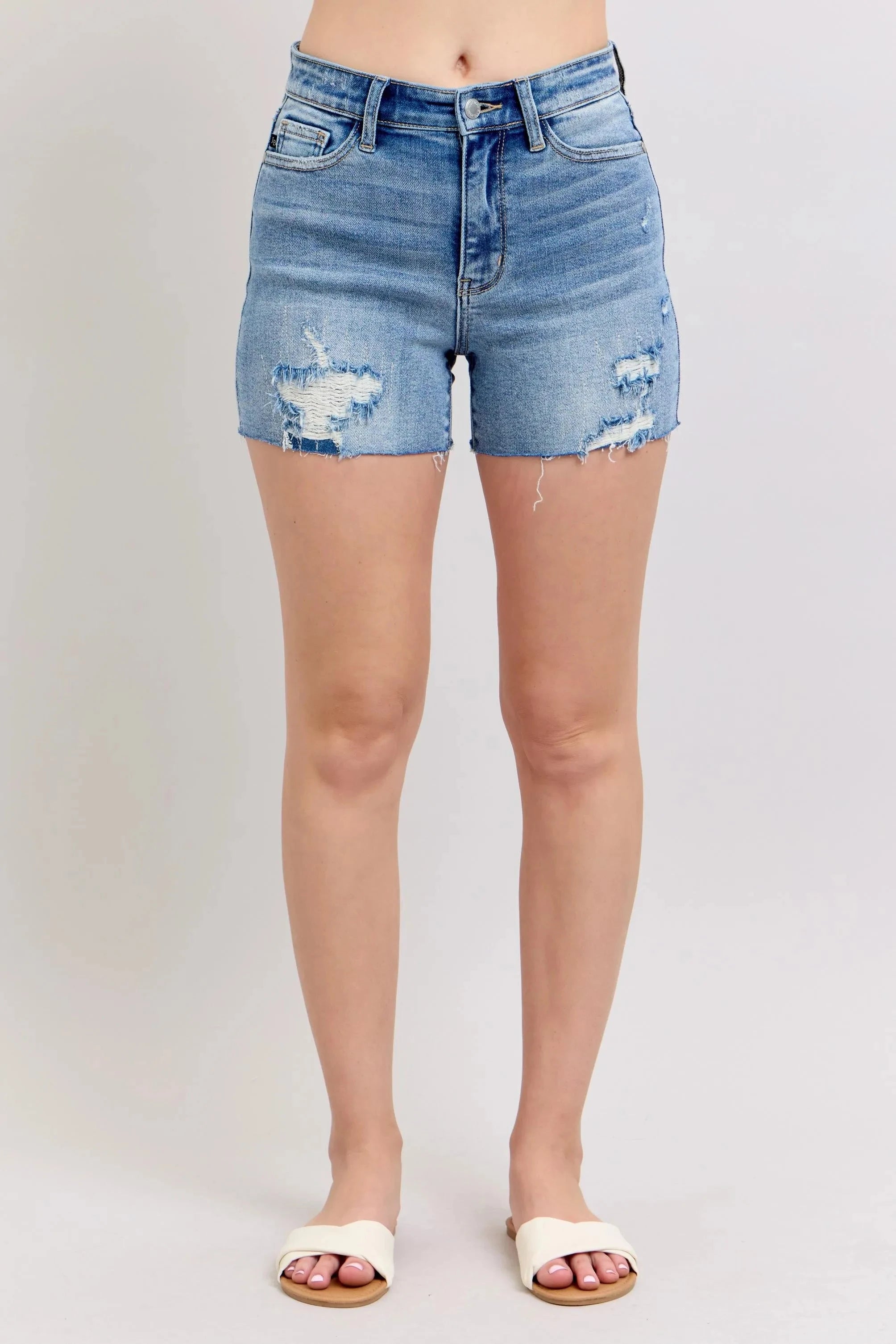 Judy Blue Full Size High Waist Denim Shorts W/stitch Over Destroy Detail Plus Size