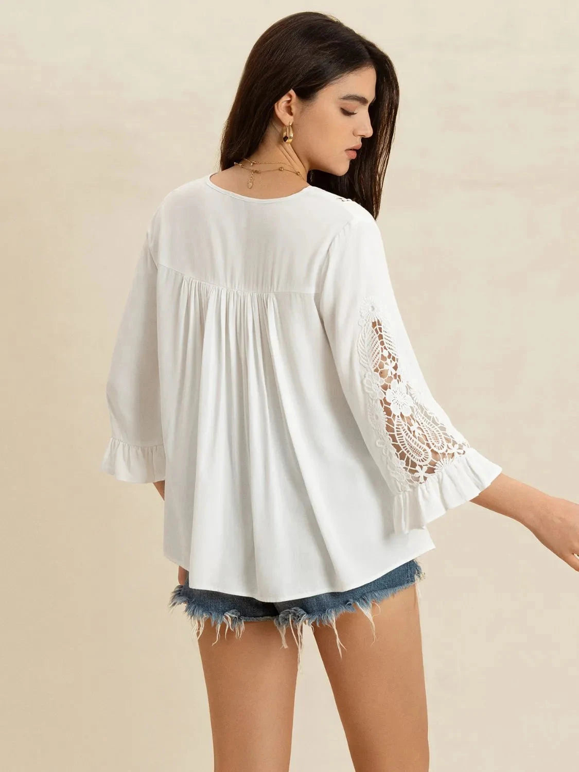 V-Neck Lace Flounce Sleeve Top