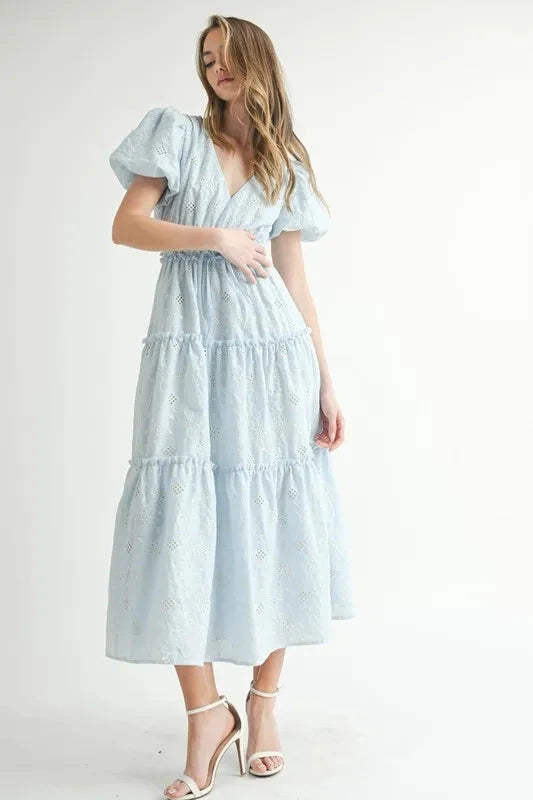 MABLE Eyelet Lace Puff Sleeve V Neck Midi Dress