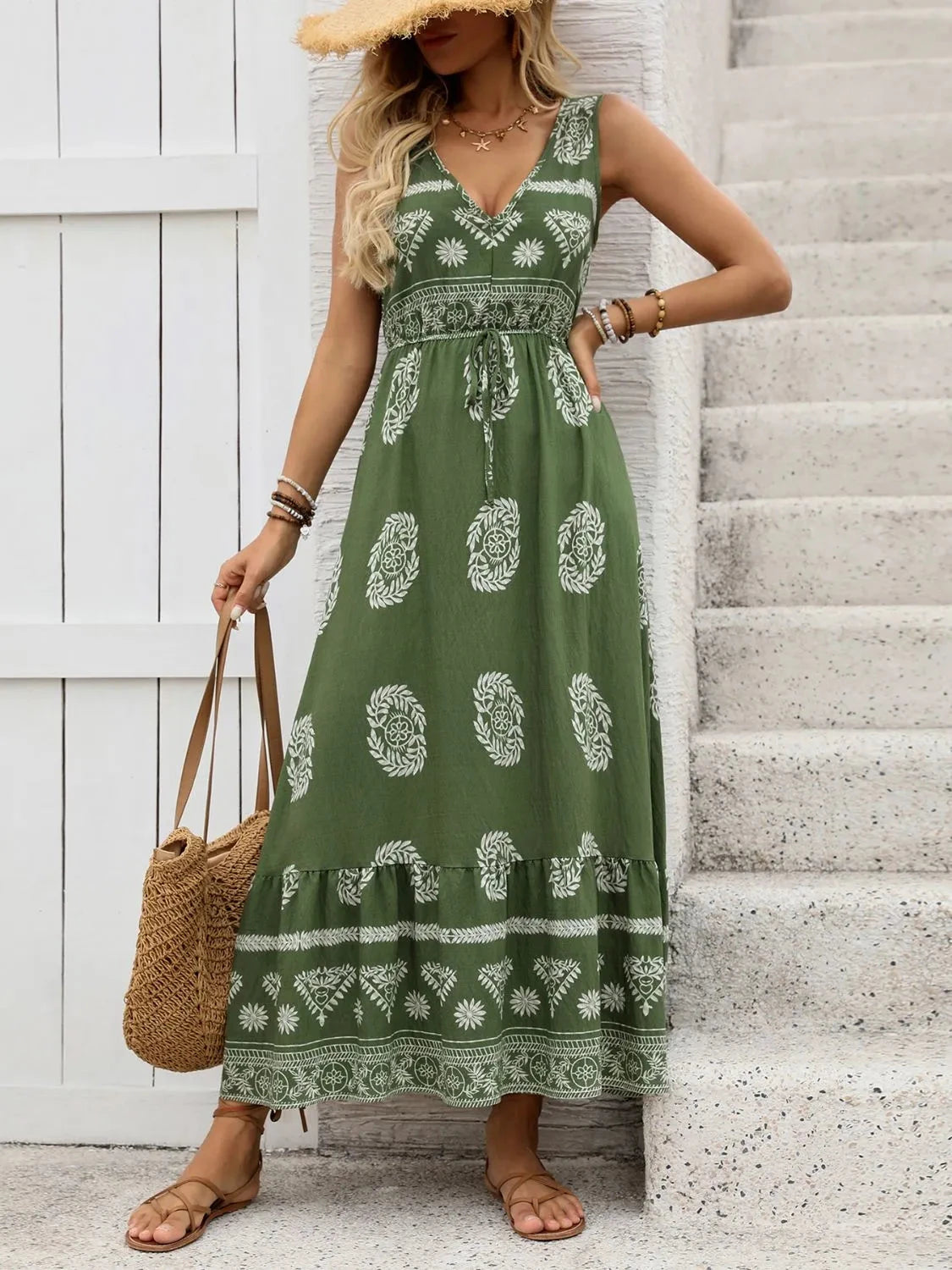 Printed V-Neck Sleeveless Dress