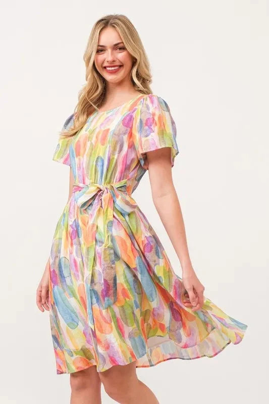 Lime 'N' Chili Watercolor Print Tie Front Midi Dress