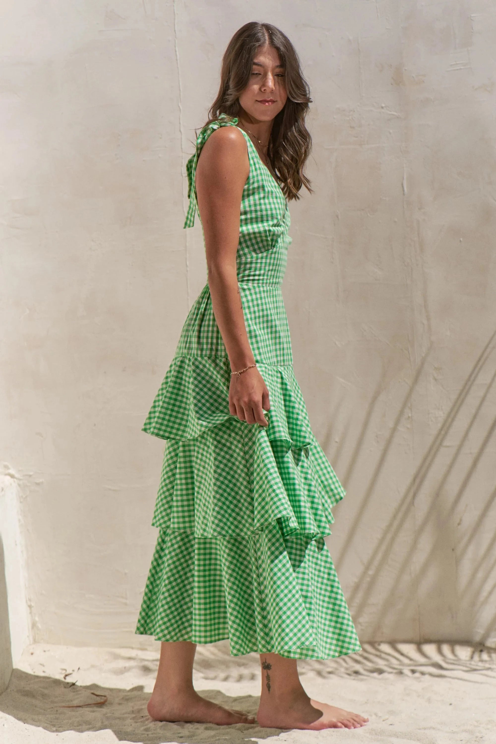 Jade By Jane Full Size Sleeveless Gingham Print Tiered Midi Dress Plus Size