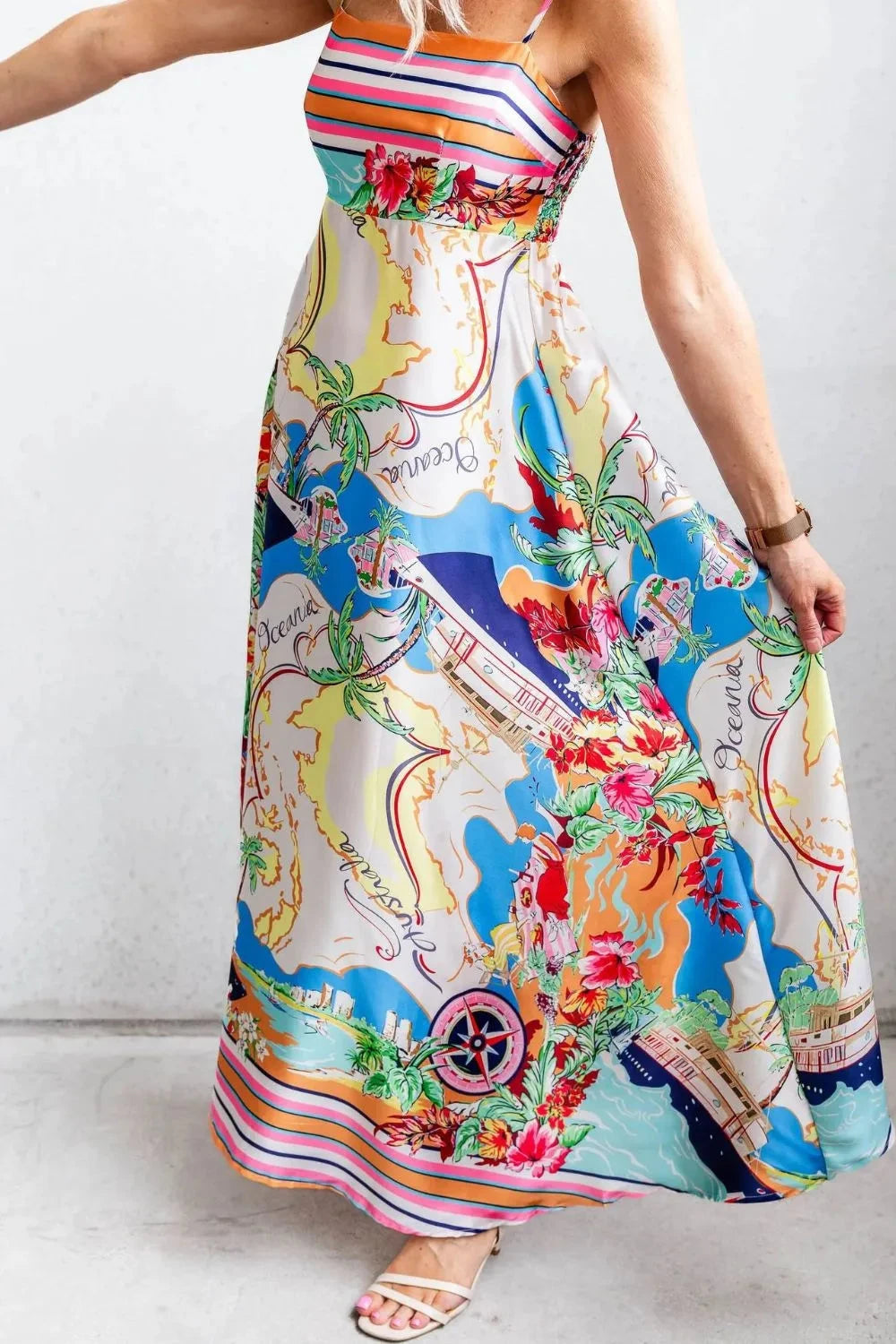 Smocked Back Printed Square Neck Maxi Cami Dress with Pockets