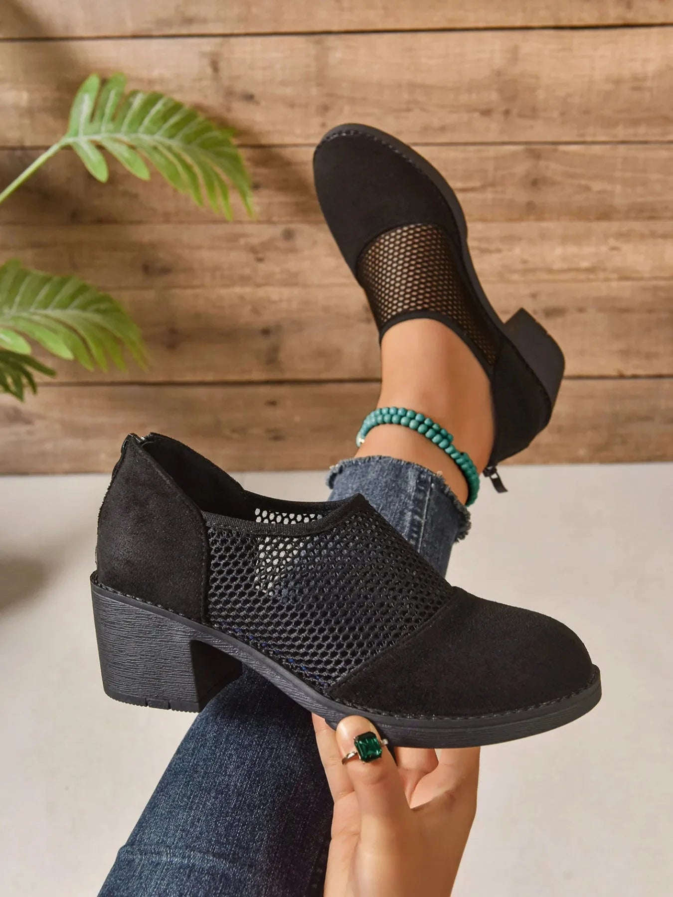 Mesh Panel Block Heel Pumps