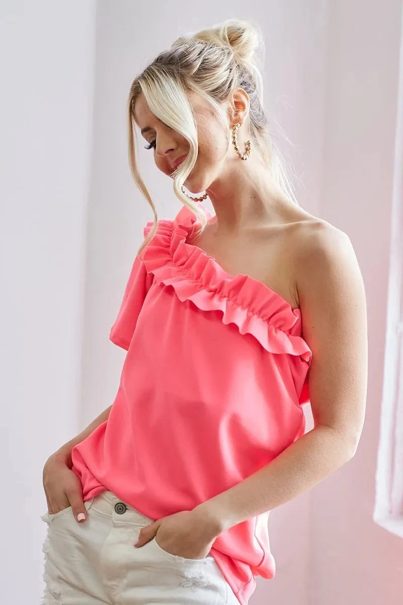 BiBi Ruffled Asymmetrical Crepe One Shoulder Top
