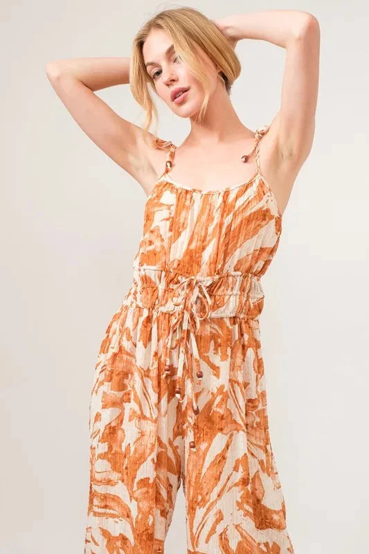 And The Why Waist Strings Abstract Print Wide Leg Jumpsuit