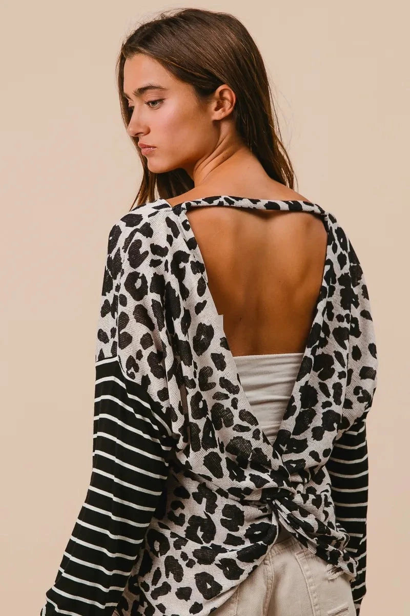 BiBi Leopard Hacci Knit Twist Back Top With Stripe Sleeve