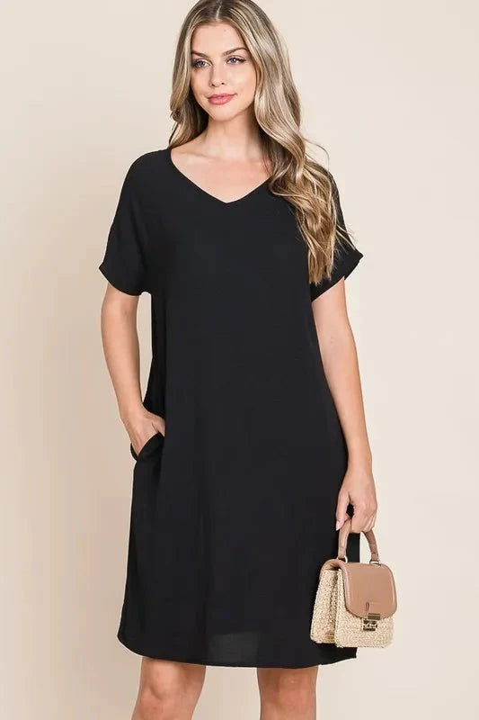 BOMBOM V-Neck Short Sleeve Dress with Pockets