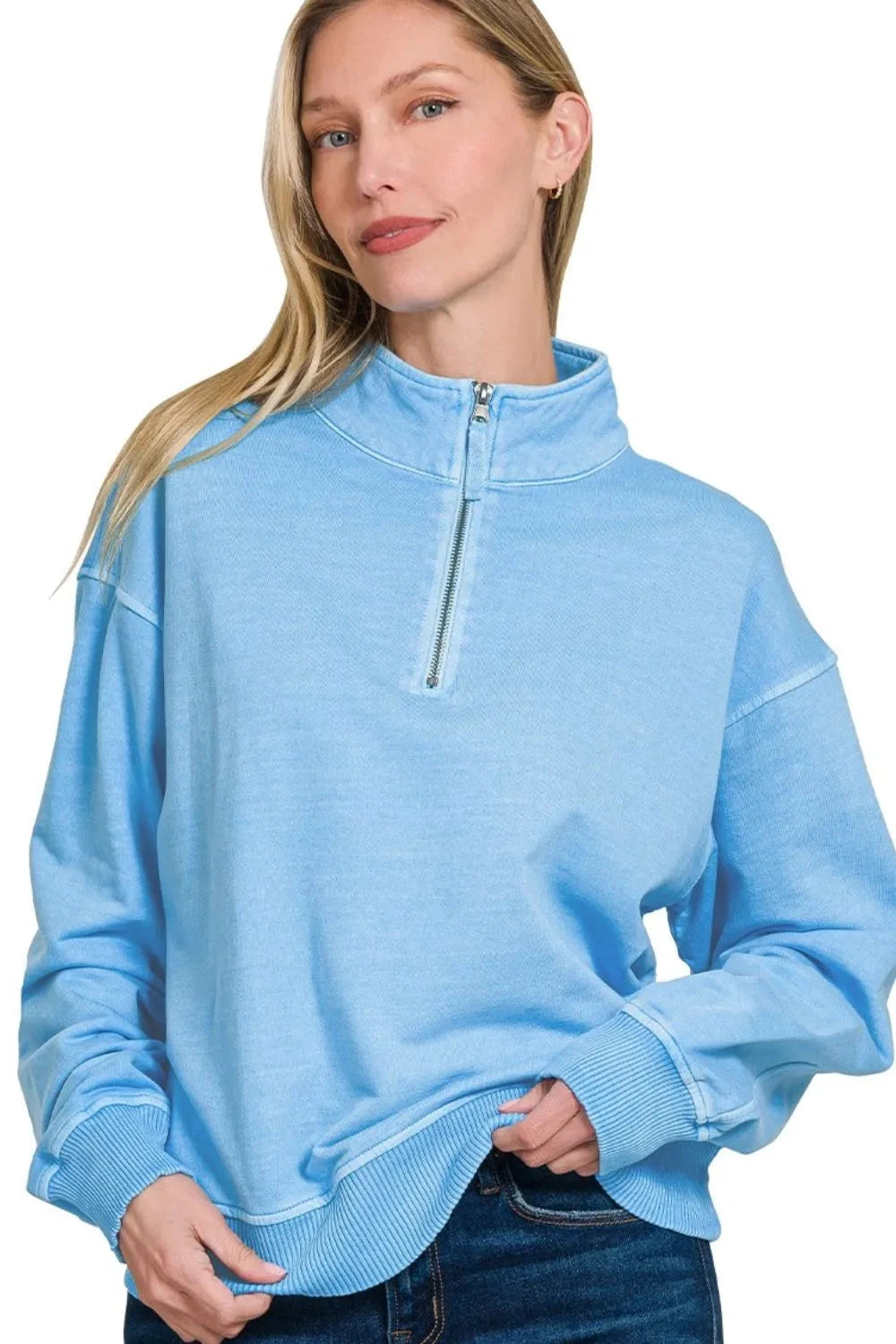 Zenana F/terry Pigment Dye & Enzyme Washing Half Zip Top