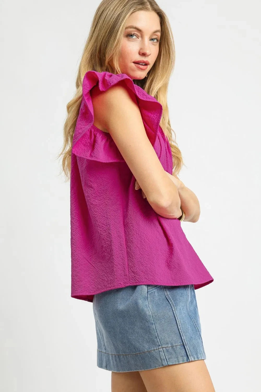 Umgee Textured Ruffled Cap Sleeve Blouse