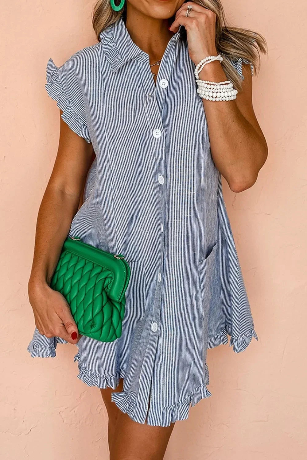 Stripe Frilled Ruffled Cap Sleeve Button Up Mini Dress