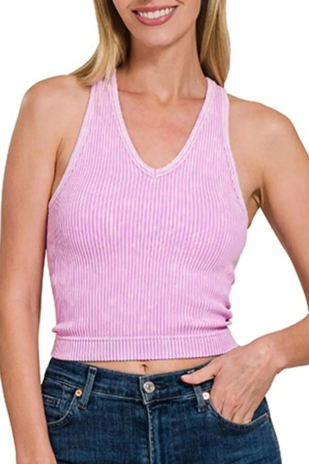 Zenana Washed Ribbed Seamless Bra Padded V-neck Tank Top