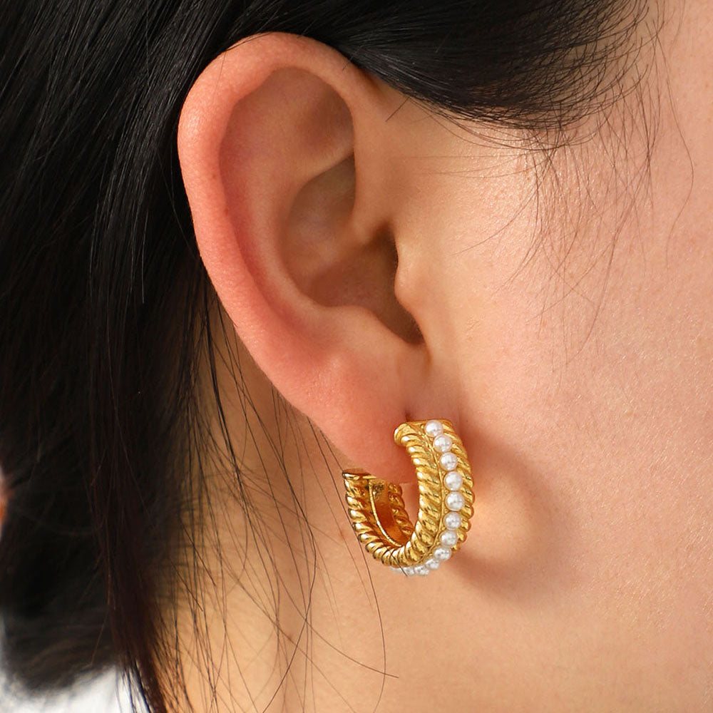 Stainless Steel Pearl C-Hoop Earrings - Laazaar