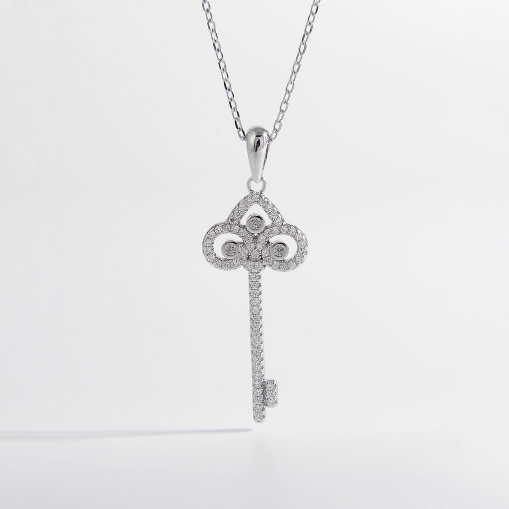 925 Sterling Silver Inlaid Zircon Key Shape Necklace - Laazaar