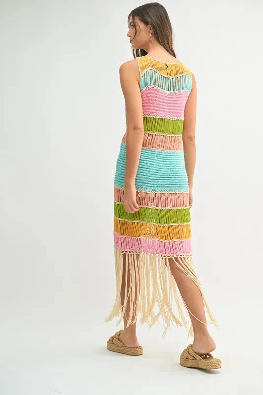 MABLE Multi Color Fringed Crochet Knit Dress