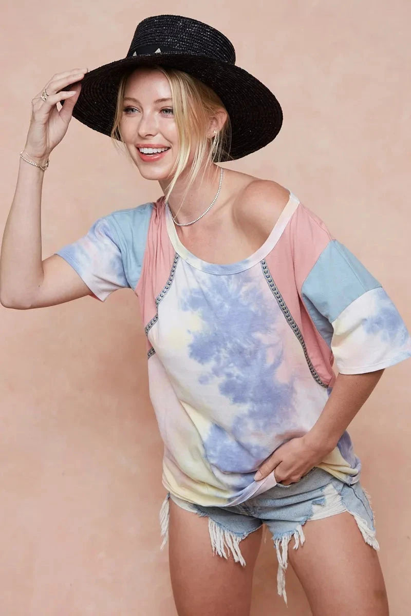 BiBi Tie Dye Printed Cotton Color Block T-Shirt