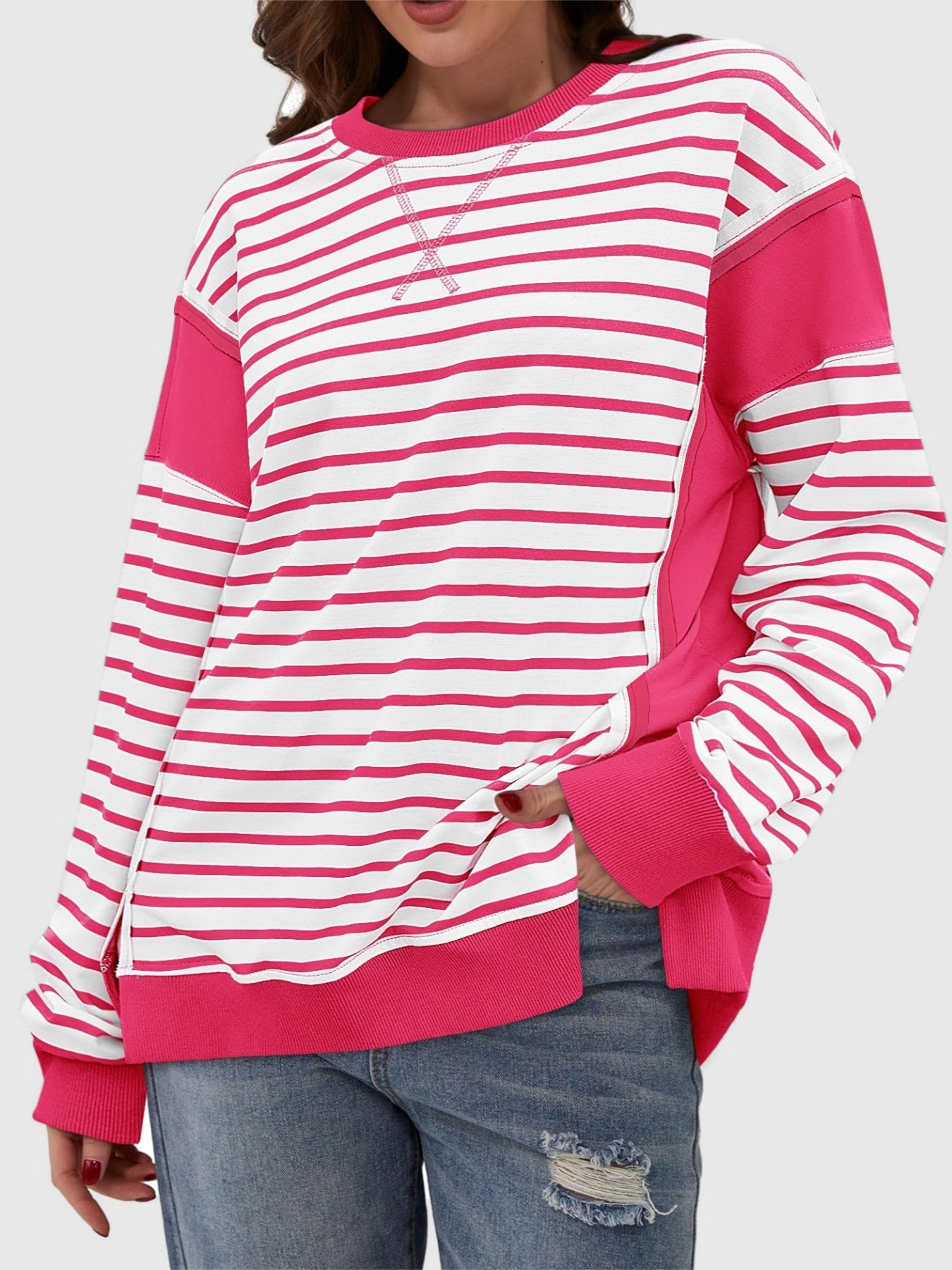 Slit Exposed Seam Striped Long Sleeve Sweatshirt - Laazaar