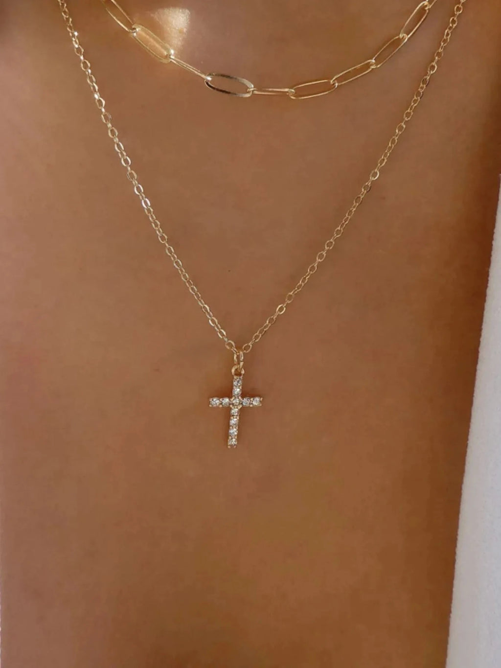 Double Layered Inlaid Zircon Cross Pendant Necklace