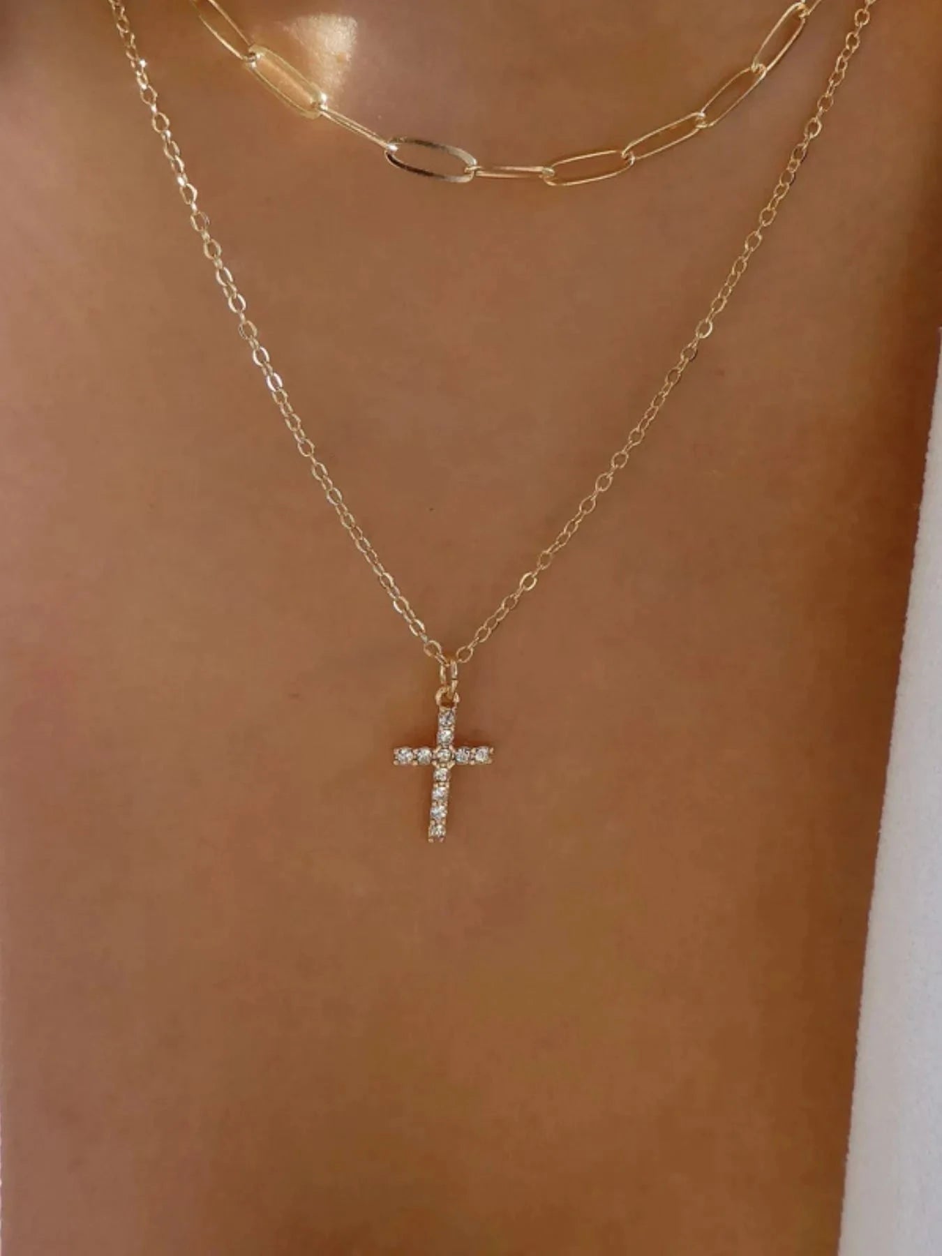 Double Layered Inlaid Zircon Cross Pendant Necklace