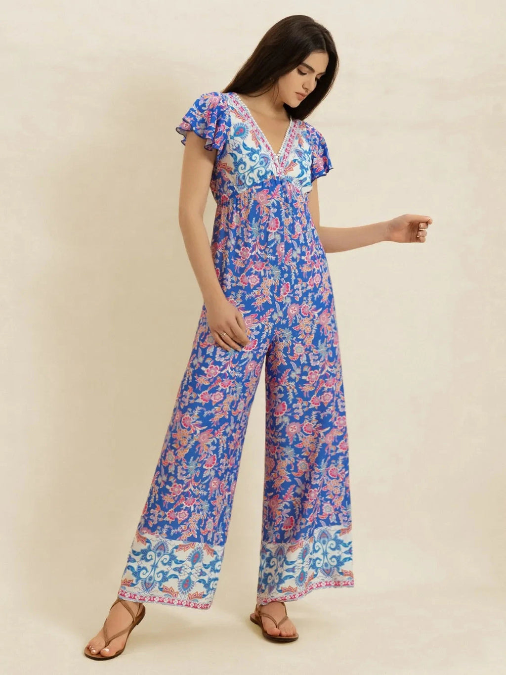 Printed V-Neck Wide Leg Jumpsuit