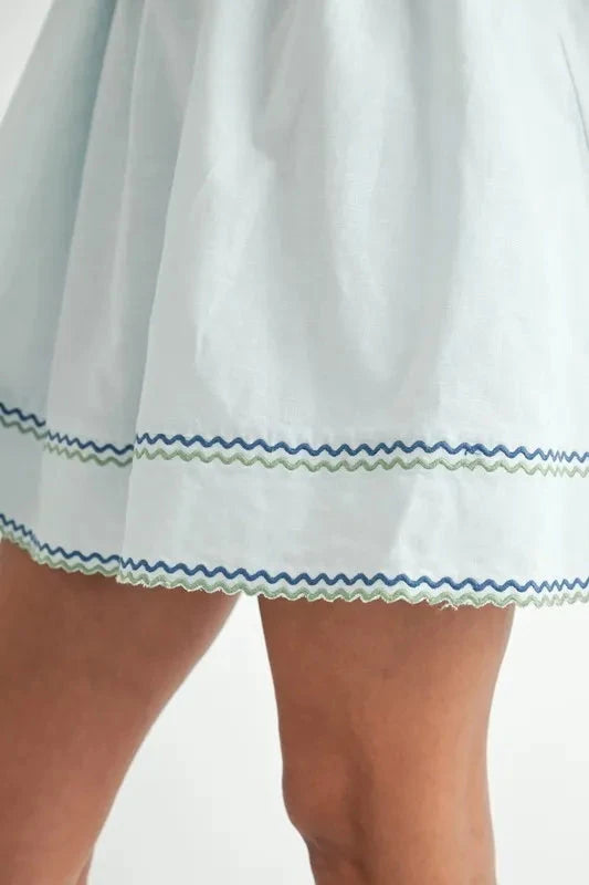 MABLE Zig Zag Embroidered Shoulder Tie Mini Dress