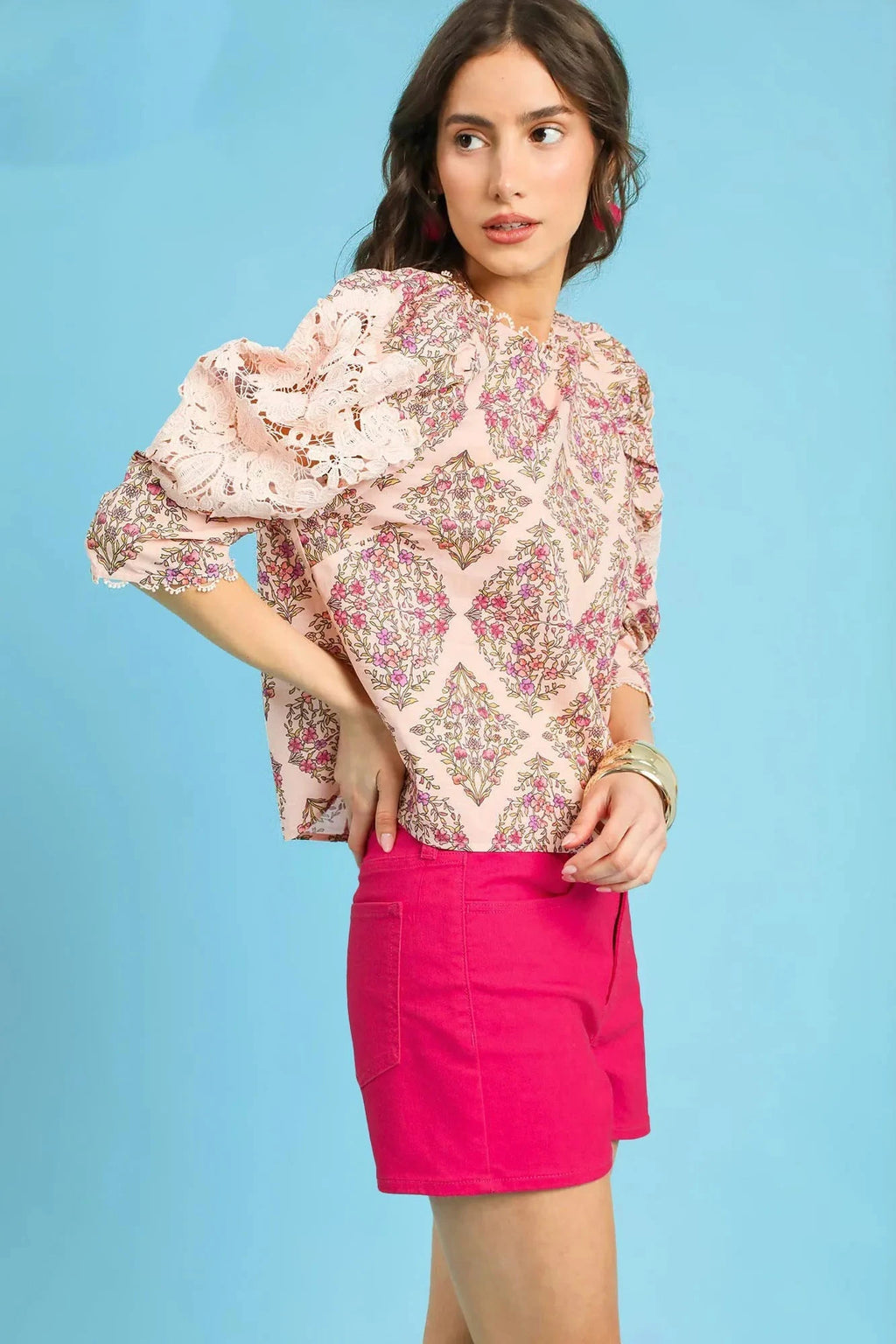 Umgee Printed Lace Puff Sleeve Blouse