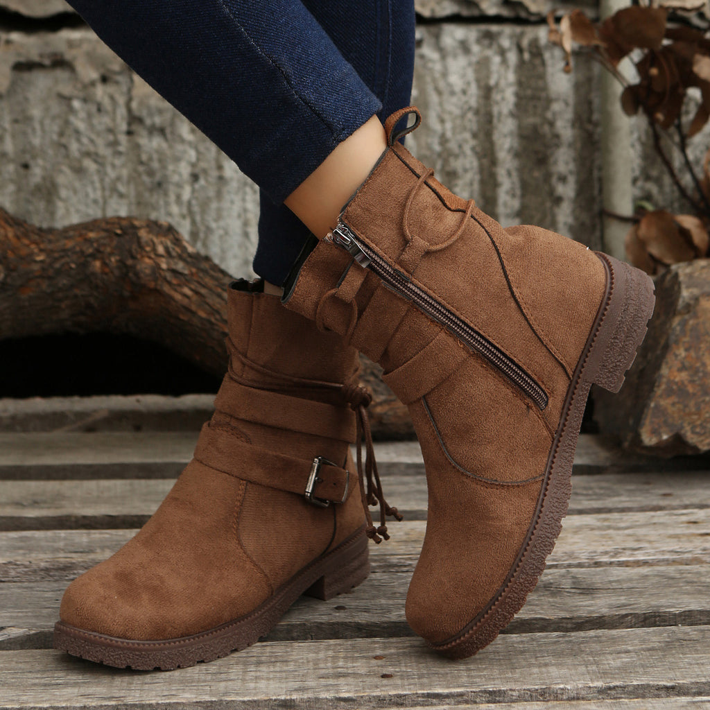 Suede Side Zip Round Toe Boots - Laazaar