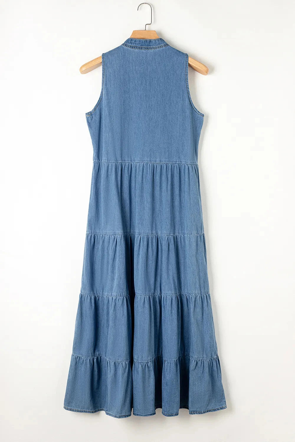 Tie Neck Tiered Maxi Denim Dress