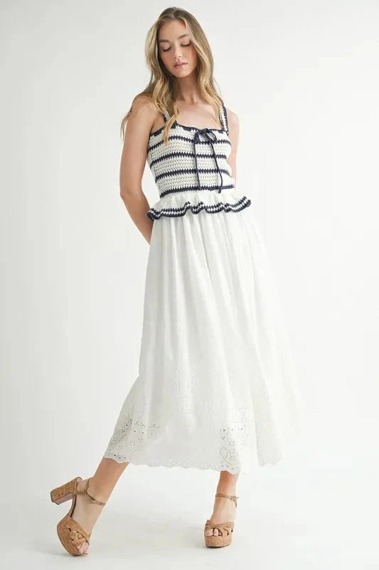 MABLE Crochet Stripe Knit Eyelet Mix Midi Dress