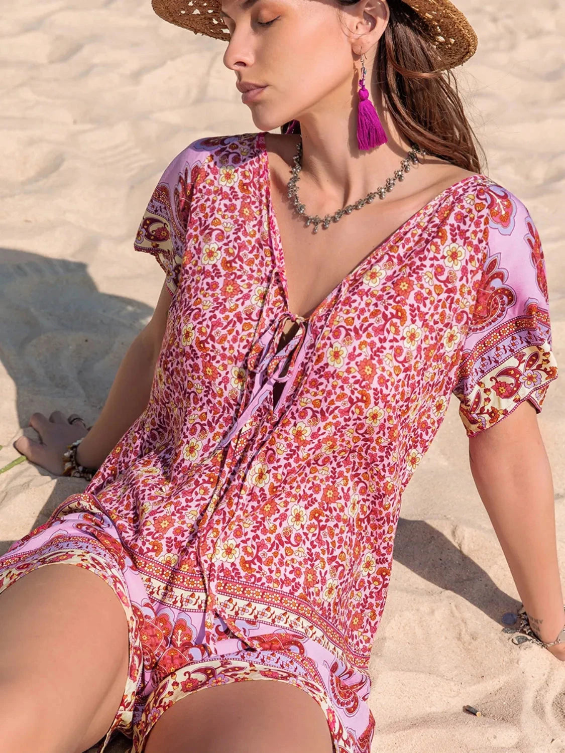 Printed V-Neck Short Sleeve Romper