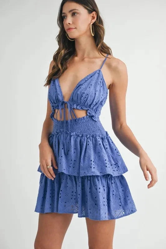 MABLE Lace Eyelet Ruffle Mini Dress With Front Cutout