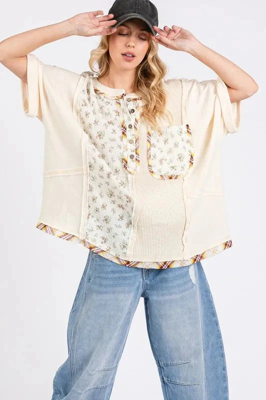 SAGE+FIG Half Button Floral Patchwork Top
