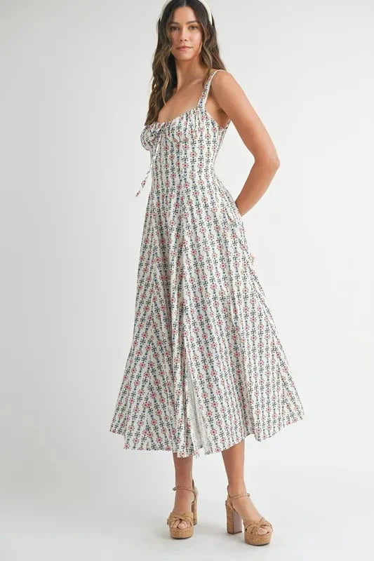 MABLE Floral Print Bustier Back Lace Up Midi Dress