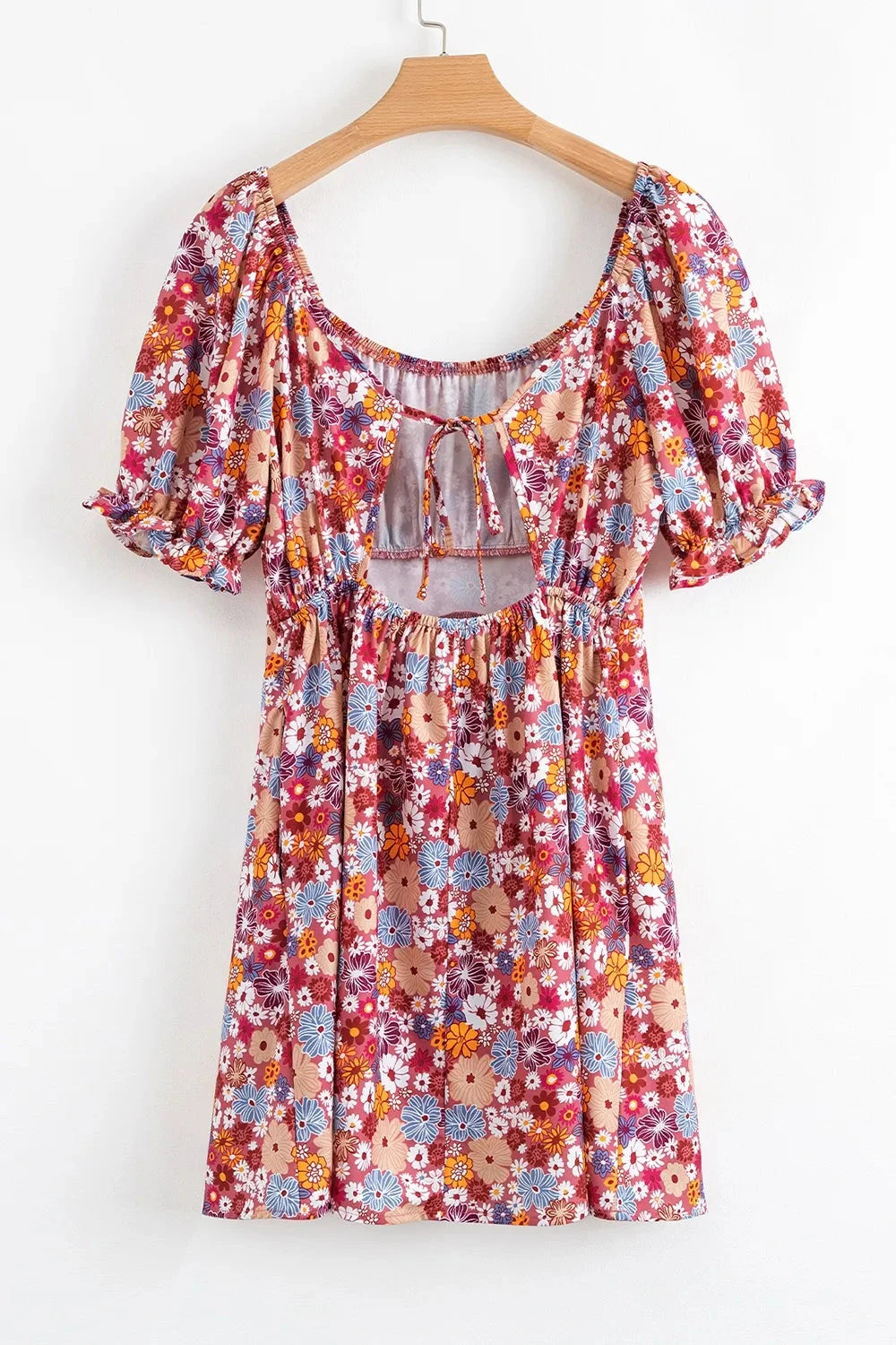 Floral Puff Sleeve Square Neck Knot Open Back Mini Dress