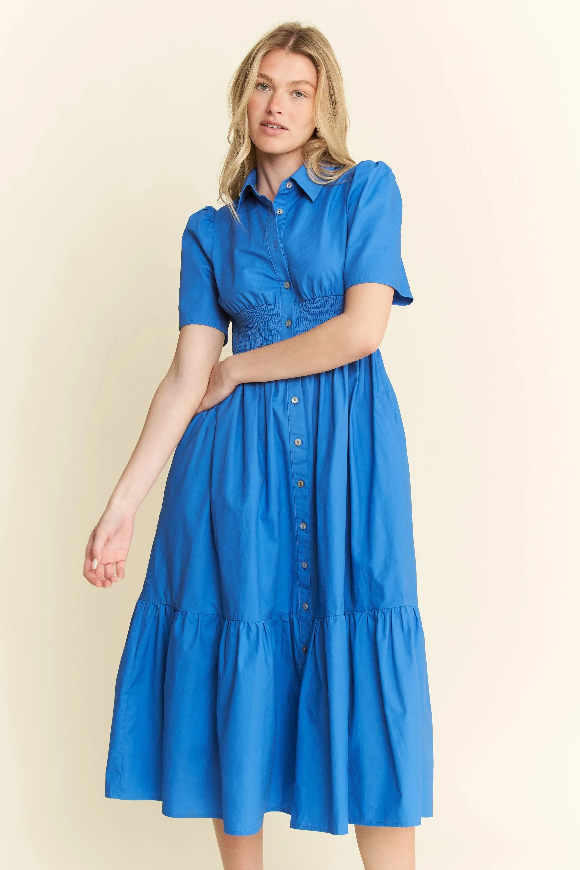Jade By Jane Short Sleeve Button Down Midi Dress
